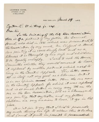 Item #73009 Autograph Letter, Signed, On Hand's Law Office Letterhead, 1903. Manuscript,...