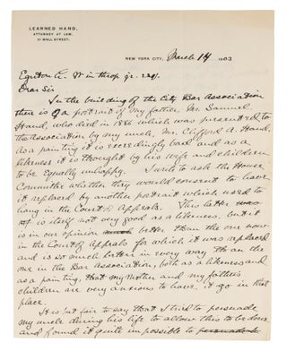Item #73009 Autograph Letter, Signed, On Hand's Law Office Letterhead, 1903. Manuscript, Learned...