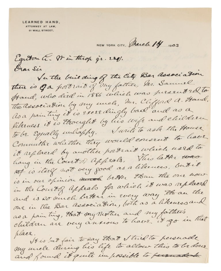 Item #73009 Autograph Letter, Signed, On Hand's Law Office Letterhead, 1903. Manuscript, Learned Hand, Egerton Leigh Winthrop.