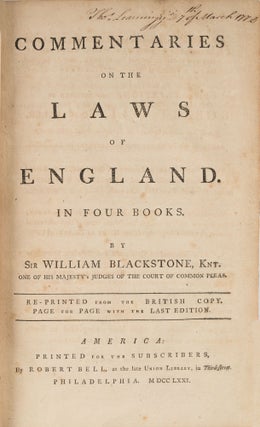 Commentaries on the Laws of England. Volume I, 1771. Subscriber copy