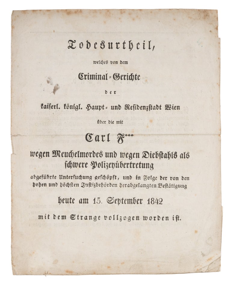 Item #73256 Todesurtheil Welches von dem Criminal-Gerichte der Kaiserl. Execution, Vienna.
