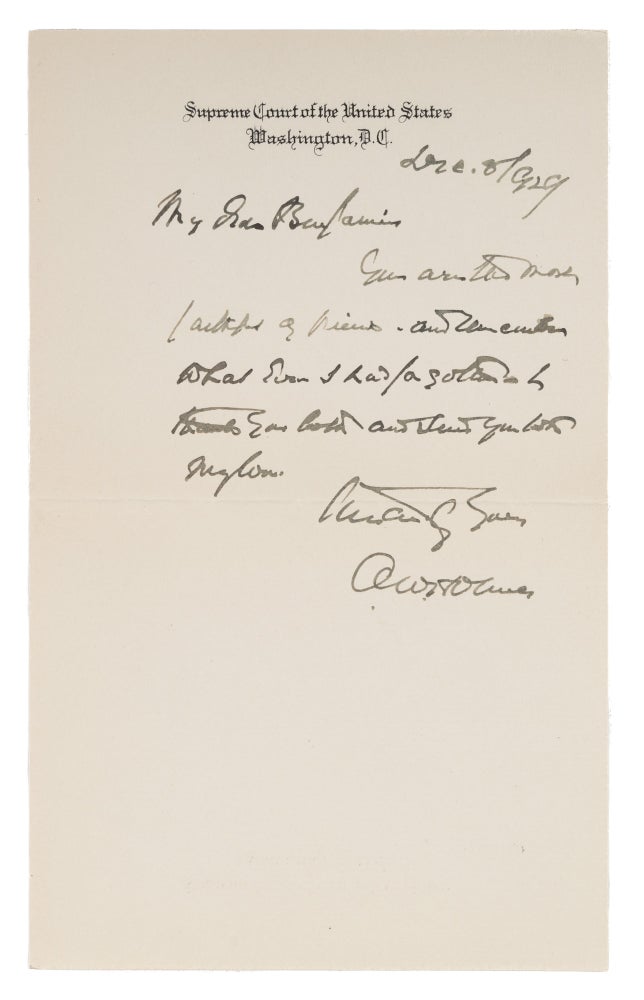 Item #73322 Autograph Note, Signed, Washington, DC, December 8, 1929. Manuscript, Oliver Wendell Holmes, Jr.