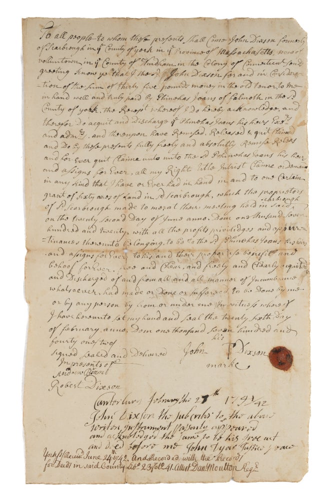 Item #73419 Discharge of Debt and Land Grant, York County, Massachusetts, 1741/2. Manuscript, Massachusetts.