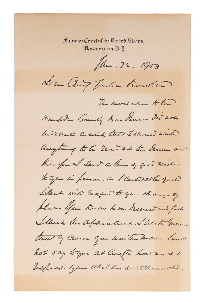 Item #73434 Autograph Letter, Signed, To Marcus P Knowlton, January 22, 1903. Manuscript, Oliver Wendell Holmes, M. P. Knowlton.