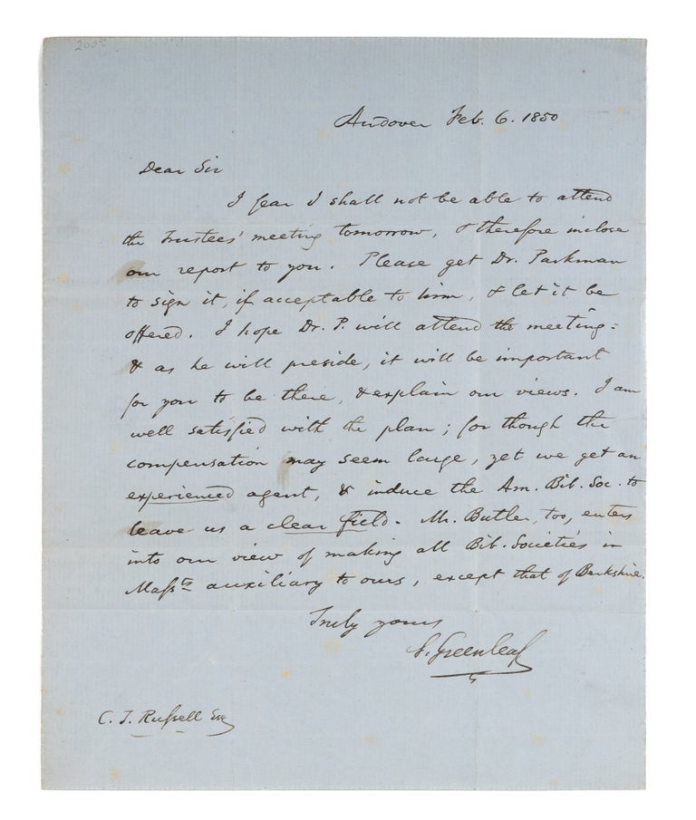 Item #73566 Autograph Letter, Signed, To Charles Theodore Russell, Andover, 1850. Manuscript, Simon Greenleaf.