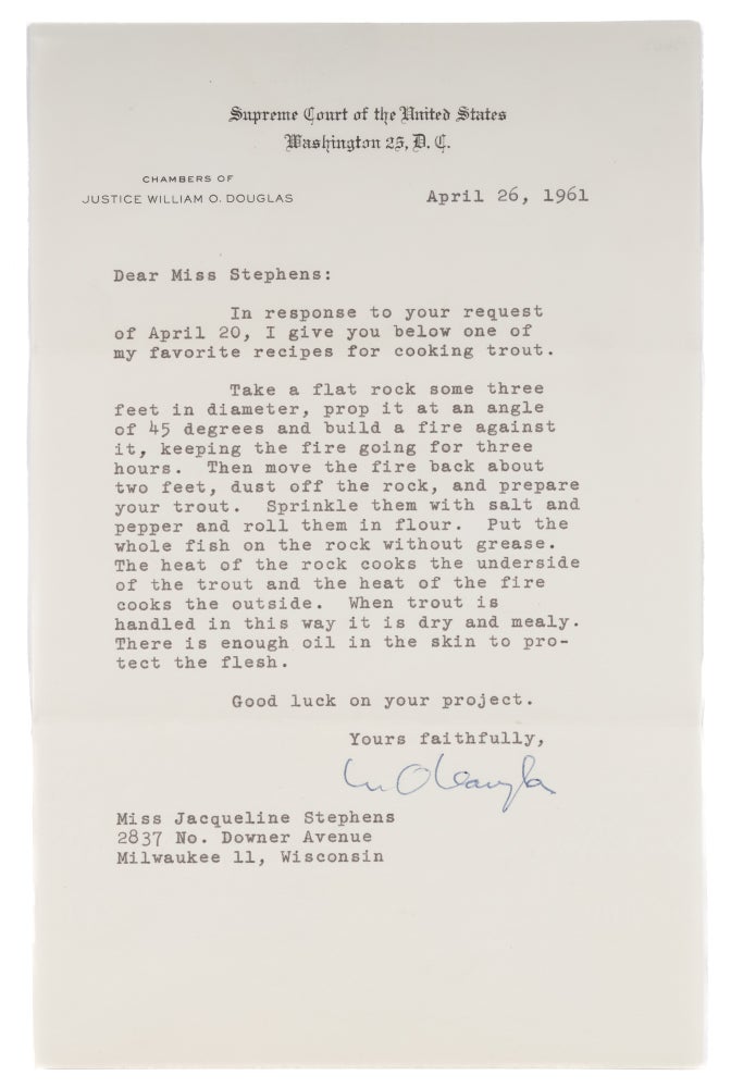 Item #73662 Typed Letter, Signed, On US Supreme Court Letterhead, April 26, 1961. Manuscript, William O. Douglas.
