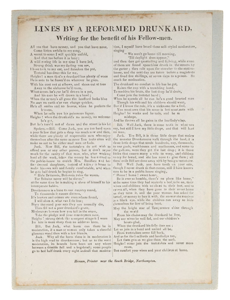 Item #73666 Lines by a Reformed Drunkard, Writing for the Benefit of His Fellow. Broadside, Temperance, Great Britain.