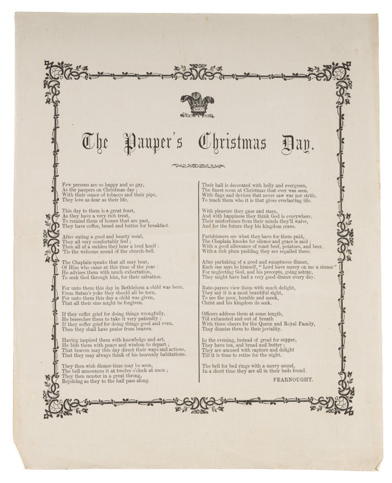 Item #73676 The Pauper's Christmas Day, England, c1850. Broadside, Poor Laws, Great Britain.