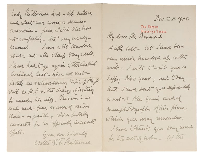 Item #73680 Autograph Letter, Signed, To Cephas Brainerd, London, Dec 28, 1905. Manuscript, Sir Walter Phillimore.