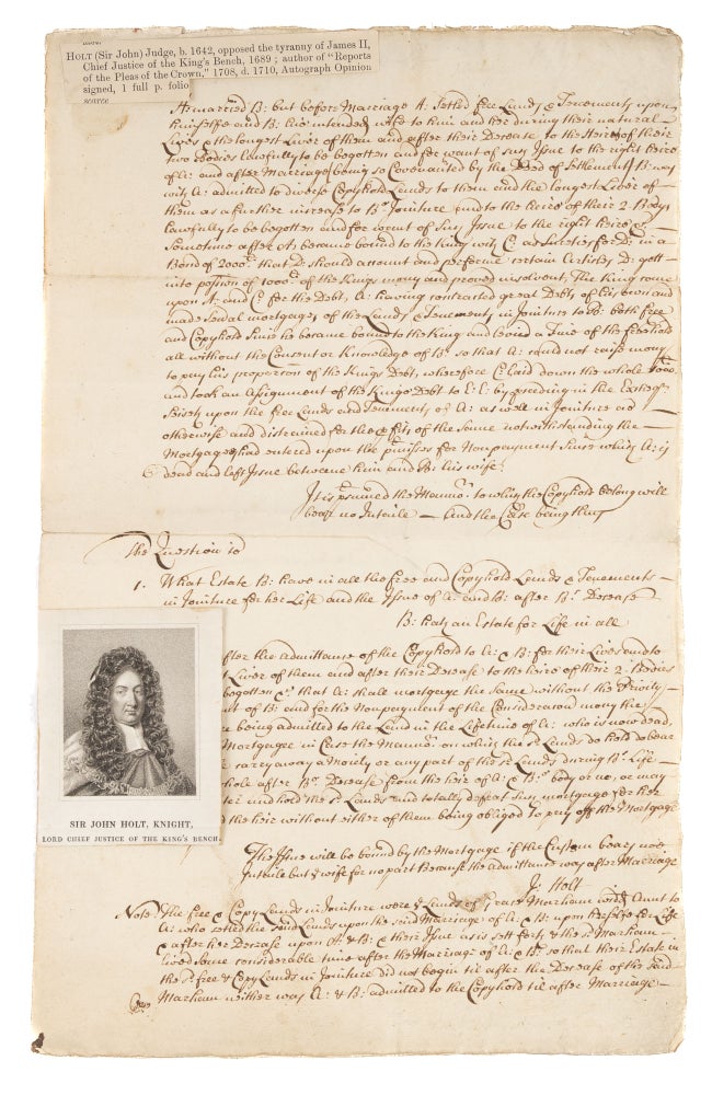 Item #73951 Manuscript Brief on a Copyhold Case with the Opinion of Sir John Holt. Manuscript, Sir John Holt.