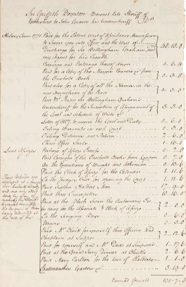 Item #73956 Sheriff's Accounting for Sir Griffith Boynton, Yorkshire, 1771-1772. Manuscript, Sir Griffith Boynton.