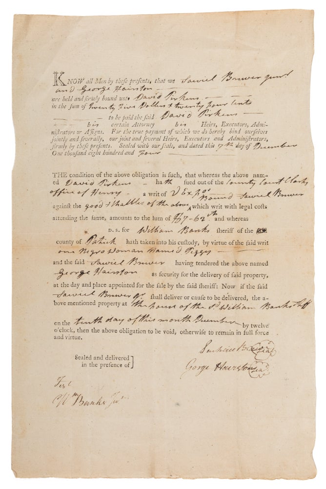 Item #73965 Bond Agreement, Henry County, Virginia, December 7, 1804. Slavery, Virginia.