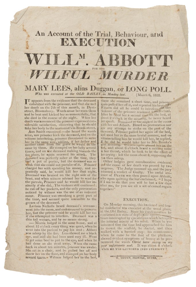 Item #73986 An Account of the Trial, Behaviour, And Execution of Willm Abbott. Broadside, Execution, William Abbott.