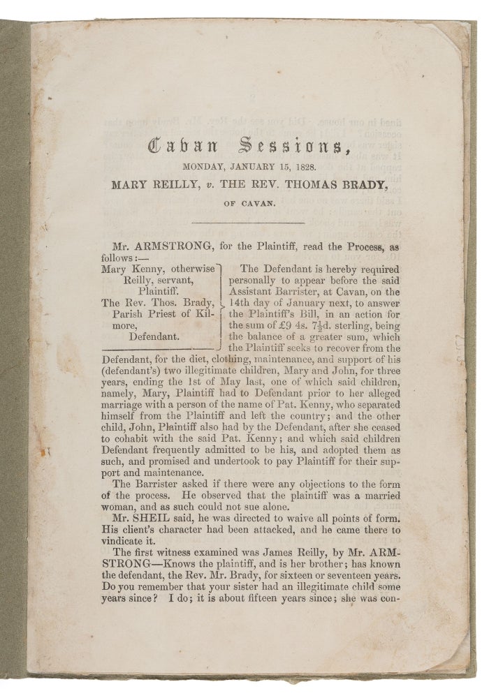 Item #74028 Cavan Sessions, Monday January 15, 1828: Mary Reilly, v The Rev. Trial, Thomas Brady, Defendant.