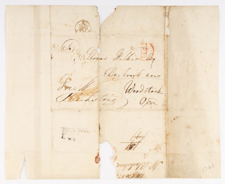 Item #74044 Franked Docketed Address Leaf, Signed, In Blackstone's Hand, c1766. Manuscript, Sir William Blackstone.