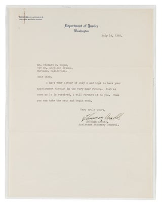 Item #74099 Typed Letter, Signed, On Department of Justice Letterhead, July 1938. Manuscript,...