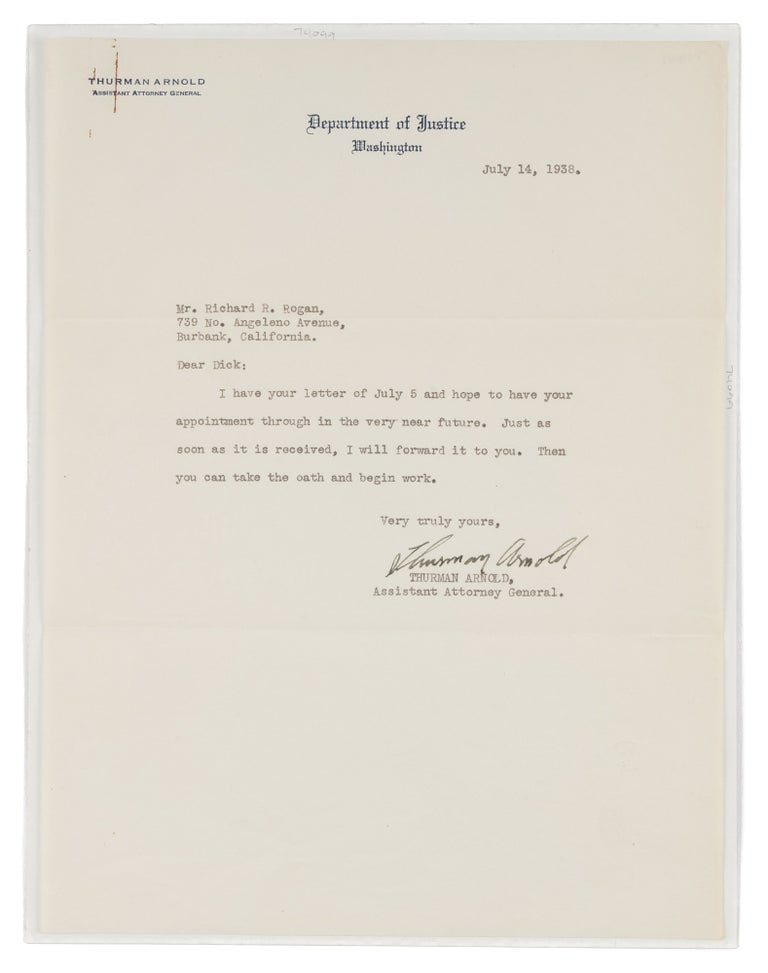 Item #74099 Typed Letter, Signed, On Department of Justice Letterhead, July 1938. Manuscript, Thurman Arnold, Richard R. Rogan.