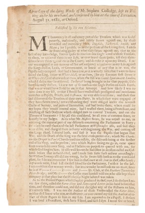 Item #74581 A True Copy of the Dying Words of Mr. Stephen Colledge. Execution, Great Britain,...