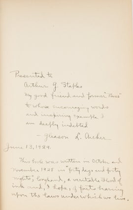 History of the Law, Inscribed to Arthur G. Staples.