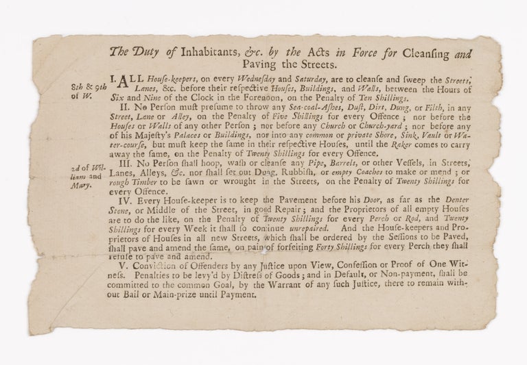 Item #74614 The Duty of Inhabitants, &c by the Acts in Force for Cleaning and. London, Sanitation.