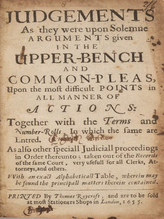 Judgements as They Were Upon Solemne Arguments Given in the Upper...