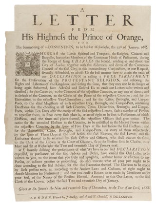 Item #74642 A Letter from His Highness the Prince of Orange, For the Summoning. Broadside, King...