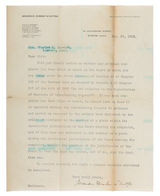 Item #74861 Typed Letter on Brandeis, Dunbar & Nutter Letterhead, Boston, 1909. Manuscript, Louis...