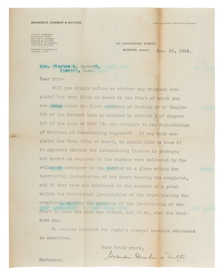 Item #74861 Typed Letter on Brandeis, Dunbar & Nutter Letterhead, Boston, 1909. Manuscript, Louis D. Brandeis.