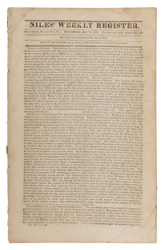 Item #74975 Niles' Weekly Register, New Series No 14 Vol IV, May 29, 1819 Jew Bill. Henry Marie Brackenridge, 1819 The Jew Bill.