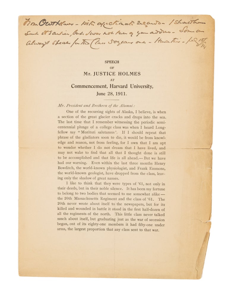 Item #75171 Speech of Mr Justice Holmes at Commencement, Harvard University. Oliver Wendell Holmes, Jr.