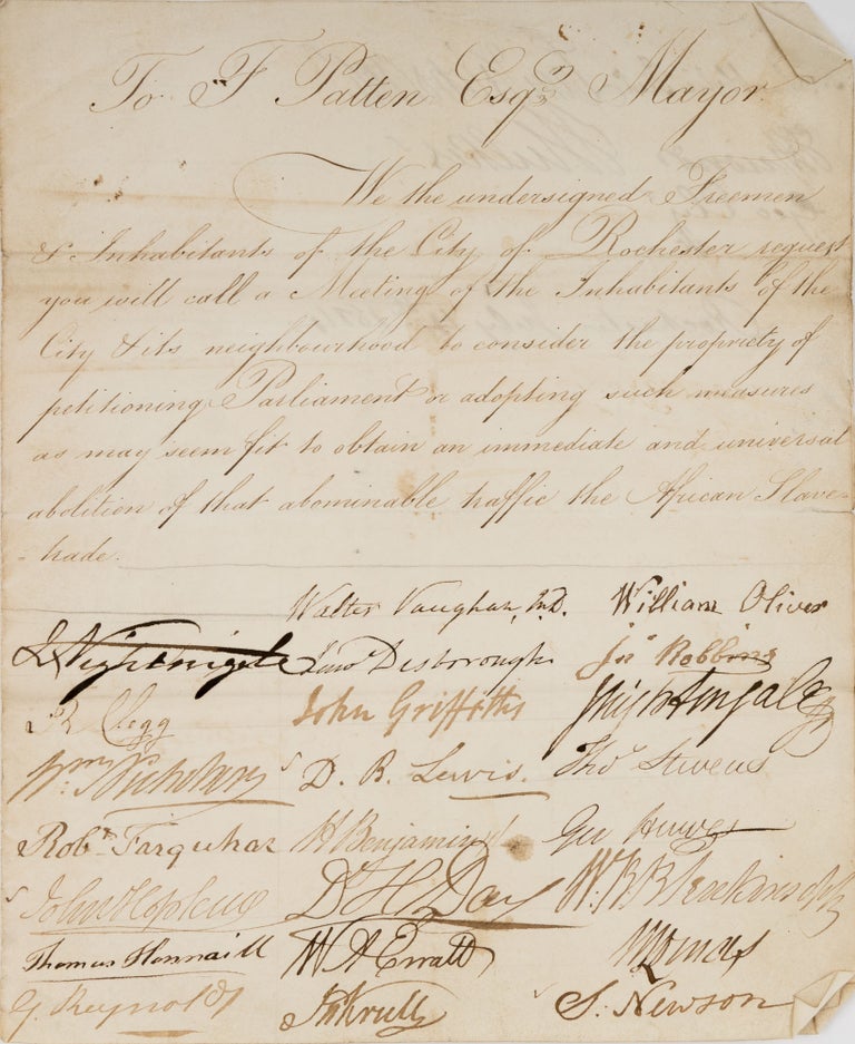 Item #75209 Petition to the Mayor of Rochester Respecting the Slave Trade, 1814. Manuscript, Slavery, Great Britain.