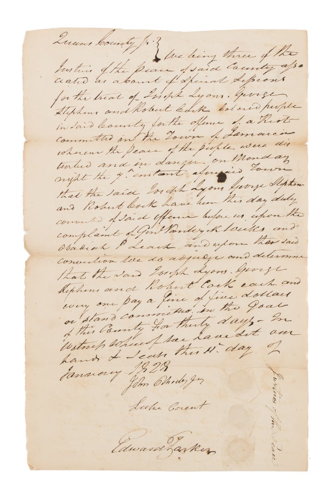 Item #75485 Conviction for Rioting, Queens County, New York, January 11, 1828. Manuscript, New York.