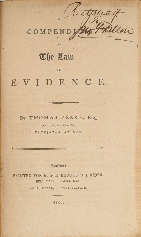 Item #75509 A Compendium of the Law of Evidence, London, 1801. Thomas Peake.