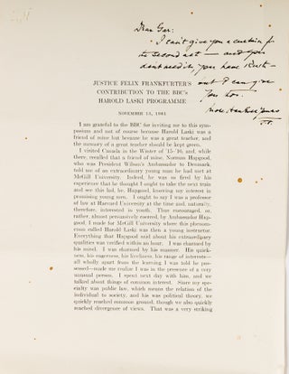 Item #75738 Justice Felix Frankfurter's Contribution to the BBC's Harold Laski. Felix...