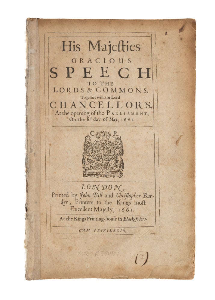 Item #75880 His Majesties Gracious Speech to the Lords & Commons, Together with. King of England Charles II, Edward Hyde.