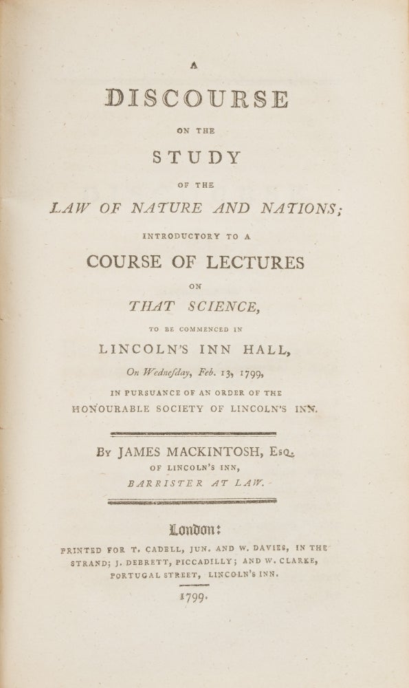 Item #75892 A Discourse on the Study of the Law of Nature and Nations;. James Mackintosh.