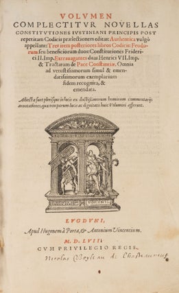 Item #76349 Volumen, Complectitur Novellas Constitutiones Iustiniani Principis. Emperor of the...