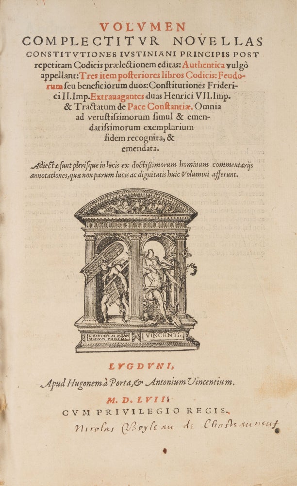 Item #76349 Volumen, Complectitur Novellas Constitutiones Iustiniani Principis. Emperor of the East Justinian I, Corpus Juris.
