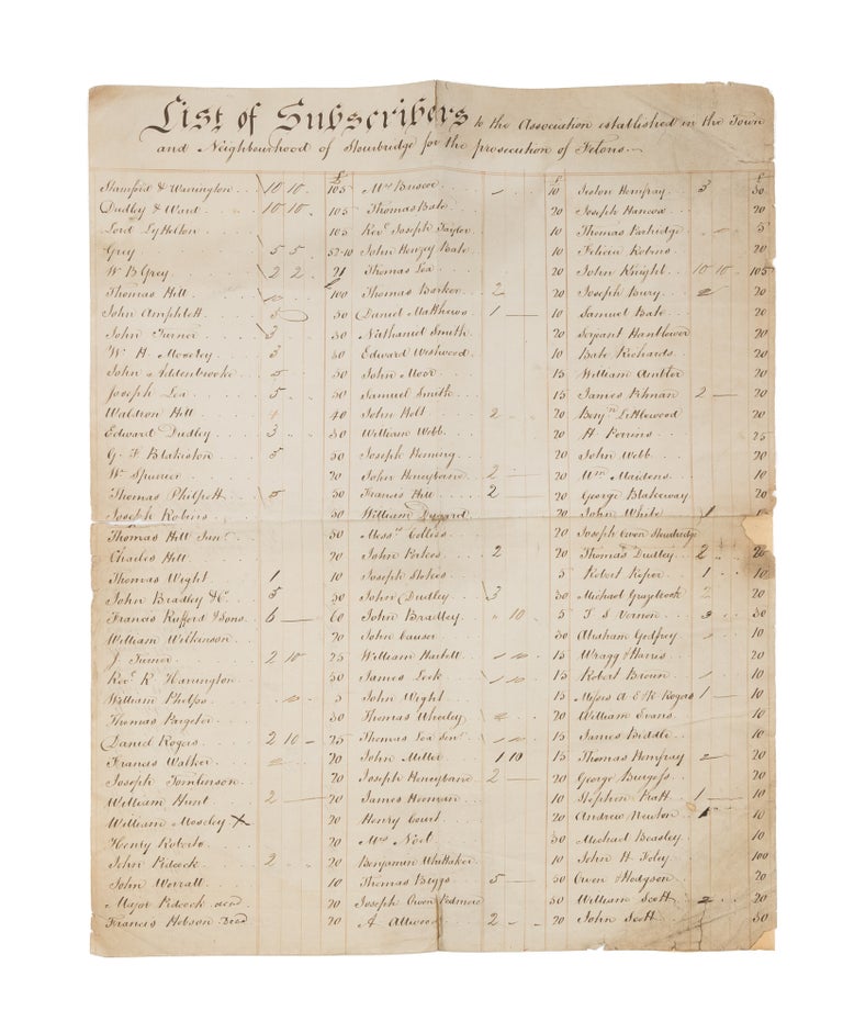 Item #77452 List Of Subscribers To The Association Established in the Town. Manuscript, Criminals, Great Britain.