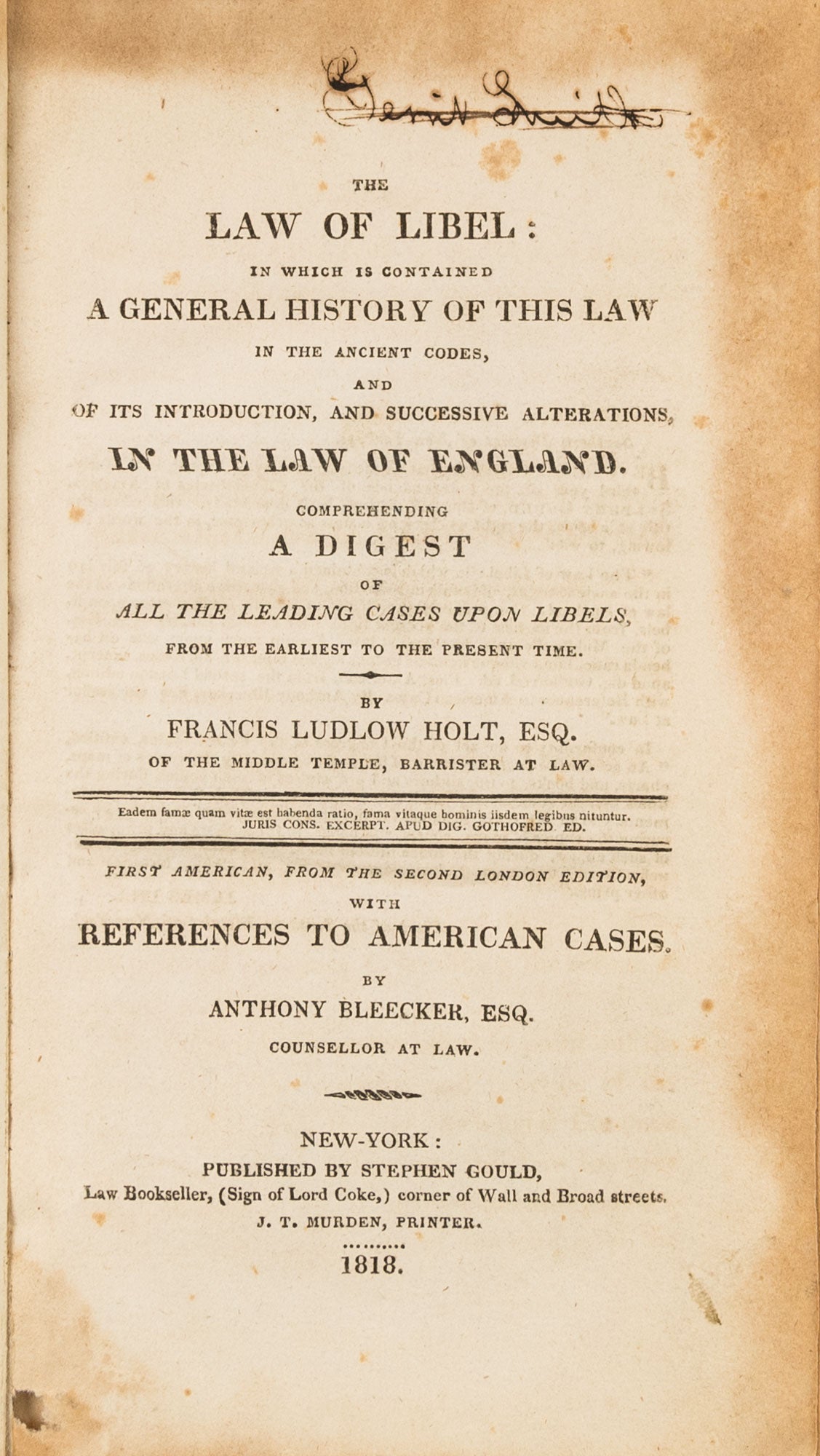 The Law of Libel, In Which is Contained a General History.. | Francis ...