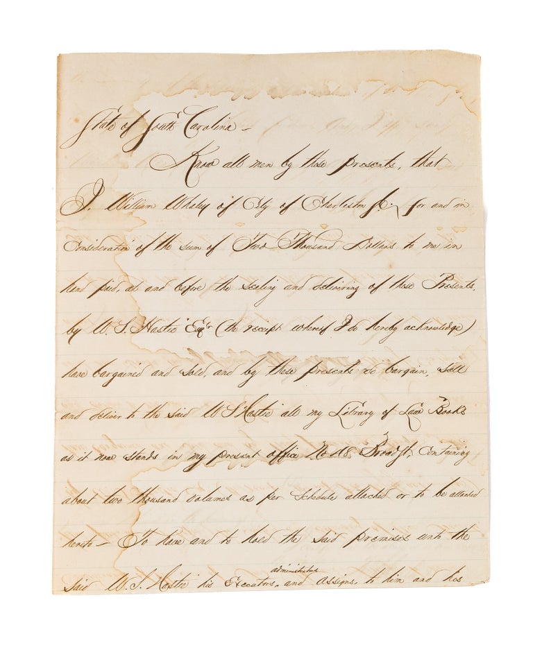 Item #78503 Notarized Copy of an Agreement to Sell a Law Library, Charleston 1873. Manuscript, William Whaley, William S. Hastie.