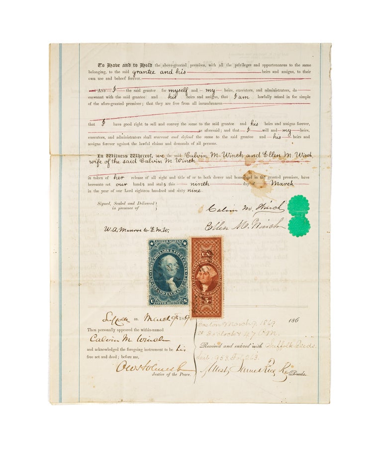 Item #78513 Warranty Deed Signed by Holmes, Boston, March 9, 1869. Oliver Wendell Holmes, Jr.