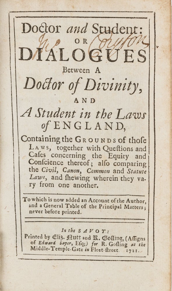 Item #78635 Doctor and Student: Or Dialogues Between a Doctor of Divinity. Christopher Saint German, C. St. Germain.