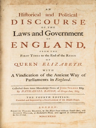 Item #78651 An Historical and Political Discourse of the Laws and Government. John Selden,...