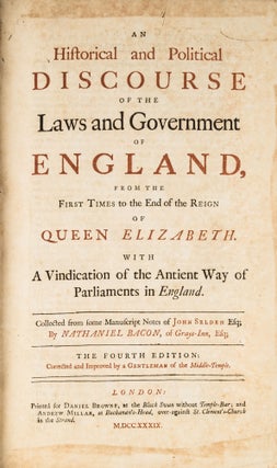Item #78651 An Historical and Political Discourse of the Laws and Government. John Selden,...
