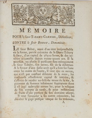 Item #78766 Memoire Pour le Sieur Tabary-Garnier, Defendeur; Contre le Sieur Bobet. France, Slavery