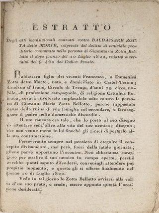 Item #78948 Estratto Degli Inquisizionali Contro Baldassare Zotto Detta Morte. Murder, Italy