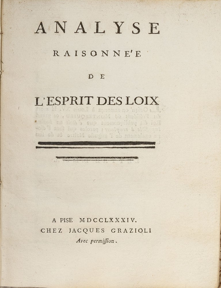Item #79288 Analyse Raisonee de l'Esprit des Loix. Pisa, 1784. Stefano Bertolini.