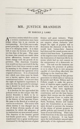 Item #79324 Mr Justice Brandeis, From Harper's Monthly, January 1934. Harold J. Laski