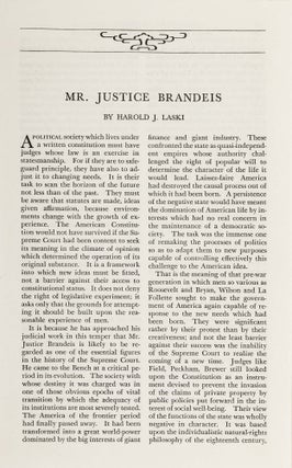 Item #79324 Mr Justice Brandeis, From Harper's Monthly, January 1934. Harold J. Laski